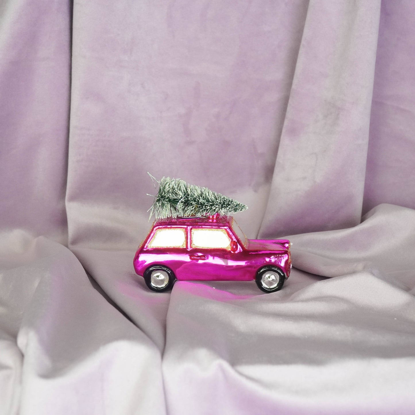 Boule de Noël Voiture Rose avec Sapin de Noël