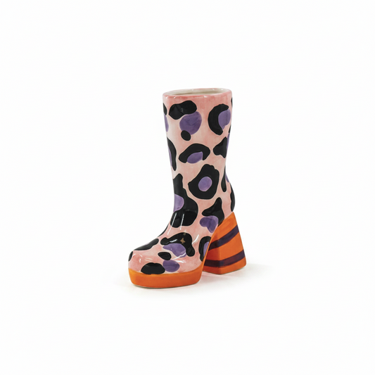 Leopard Print Boot Vase - Pink/Orange
