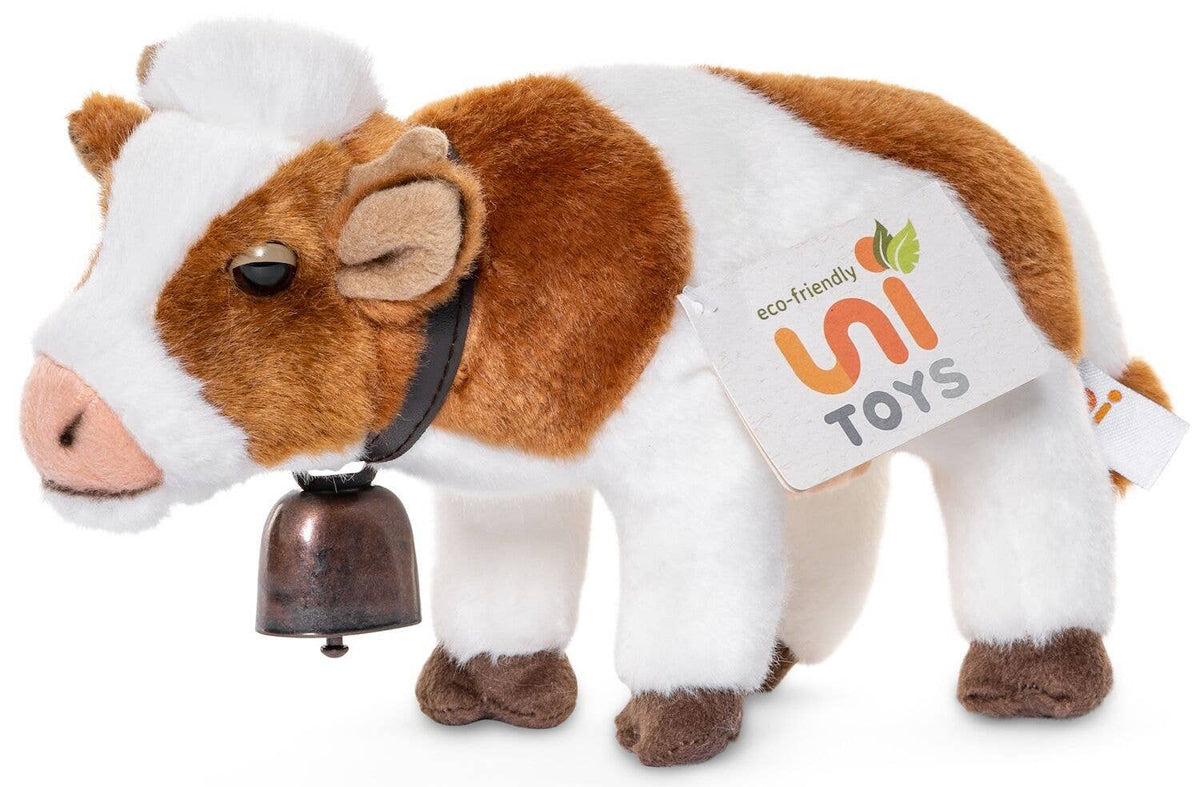 Peluche vache blanche brune debout avec grelot