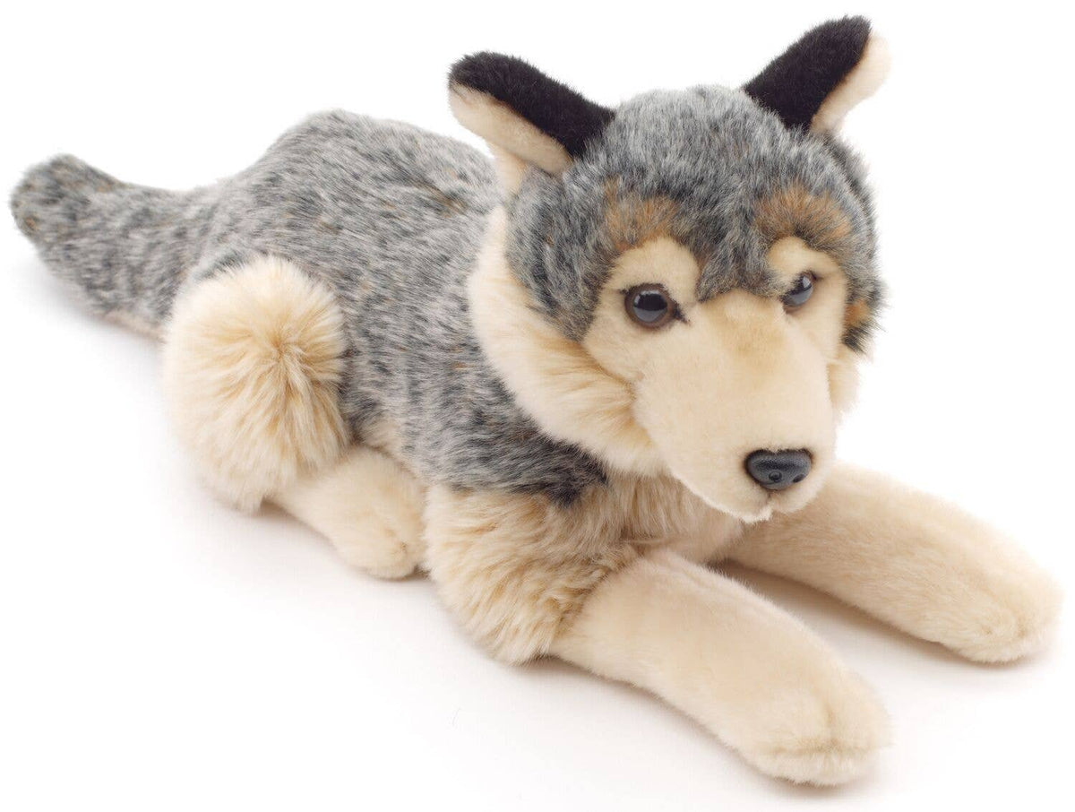 Peluche loup gris couché