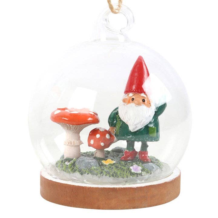 Hanging Glass Dome Decoration with Gnome and Mushrooms