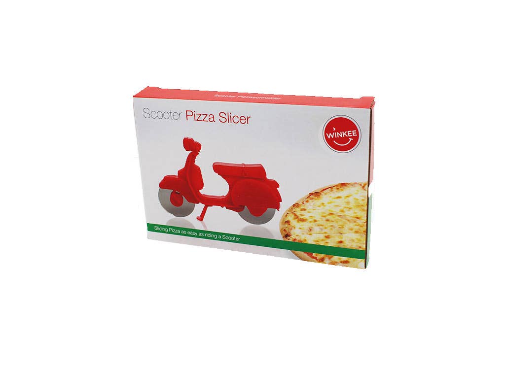 Red scooter pizza cutter with stainless steel blades