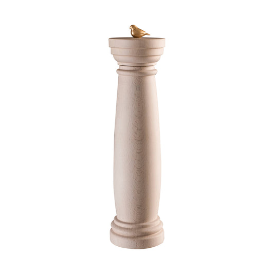 "Column" spice mill in matte white beech with small gold bird
