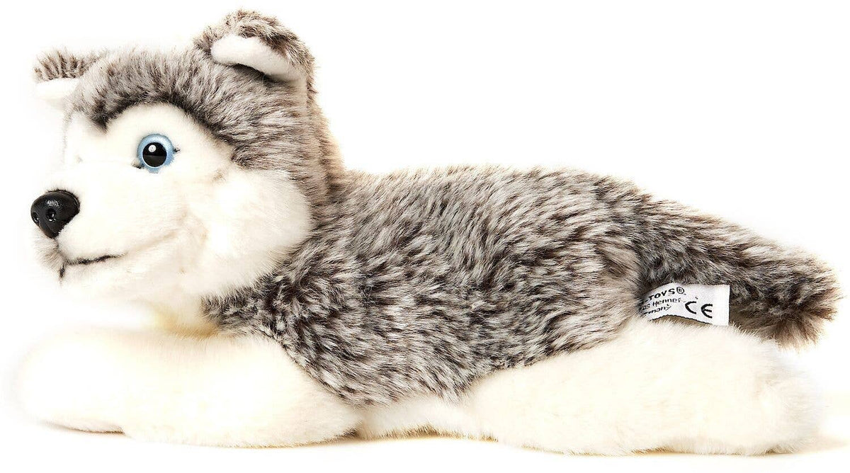 Peluche chiot husky gris couché
