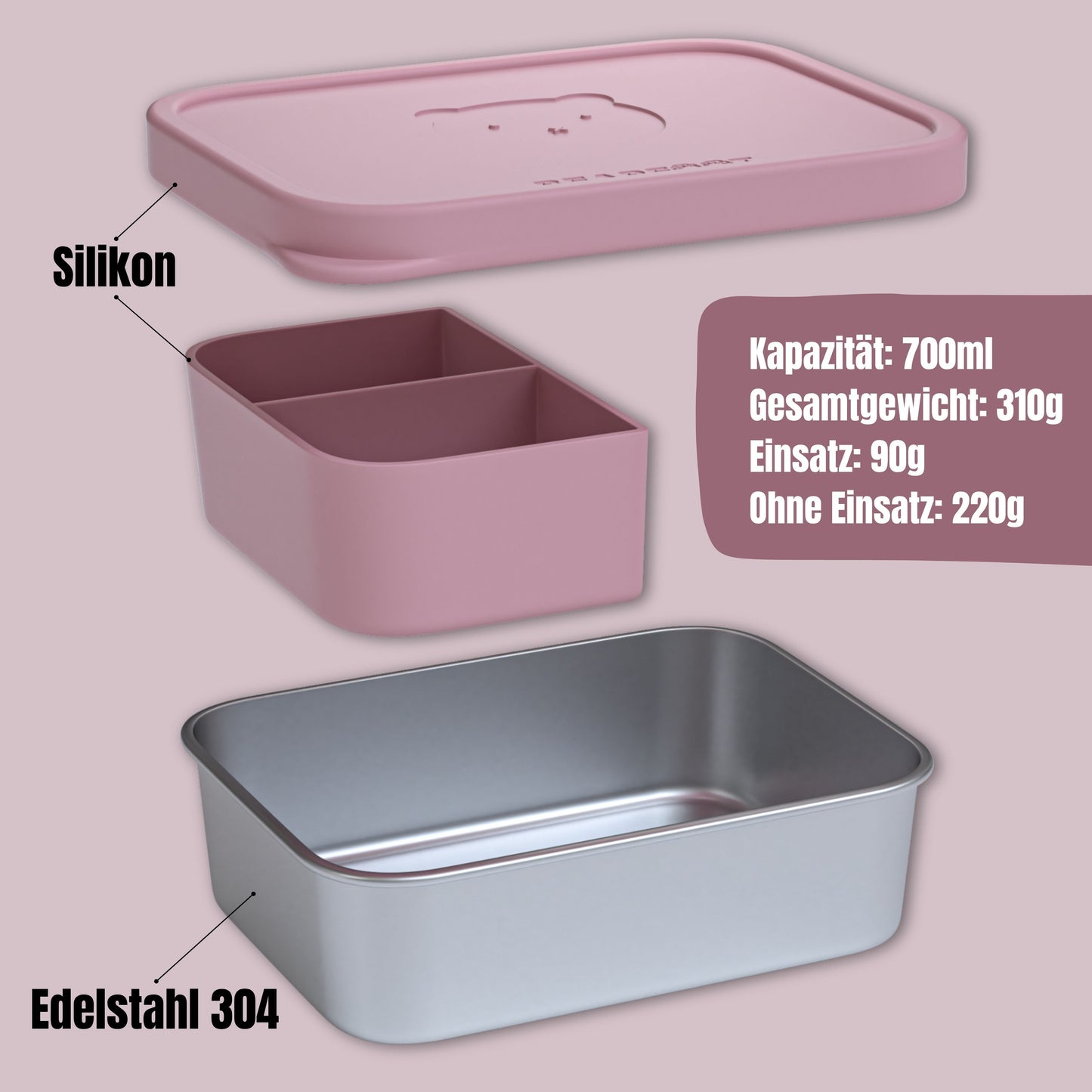 Kids' Stainless Steel Lunchbox with Silicone Insert - Pink