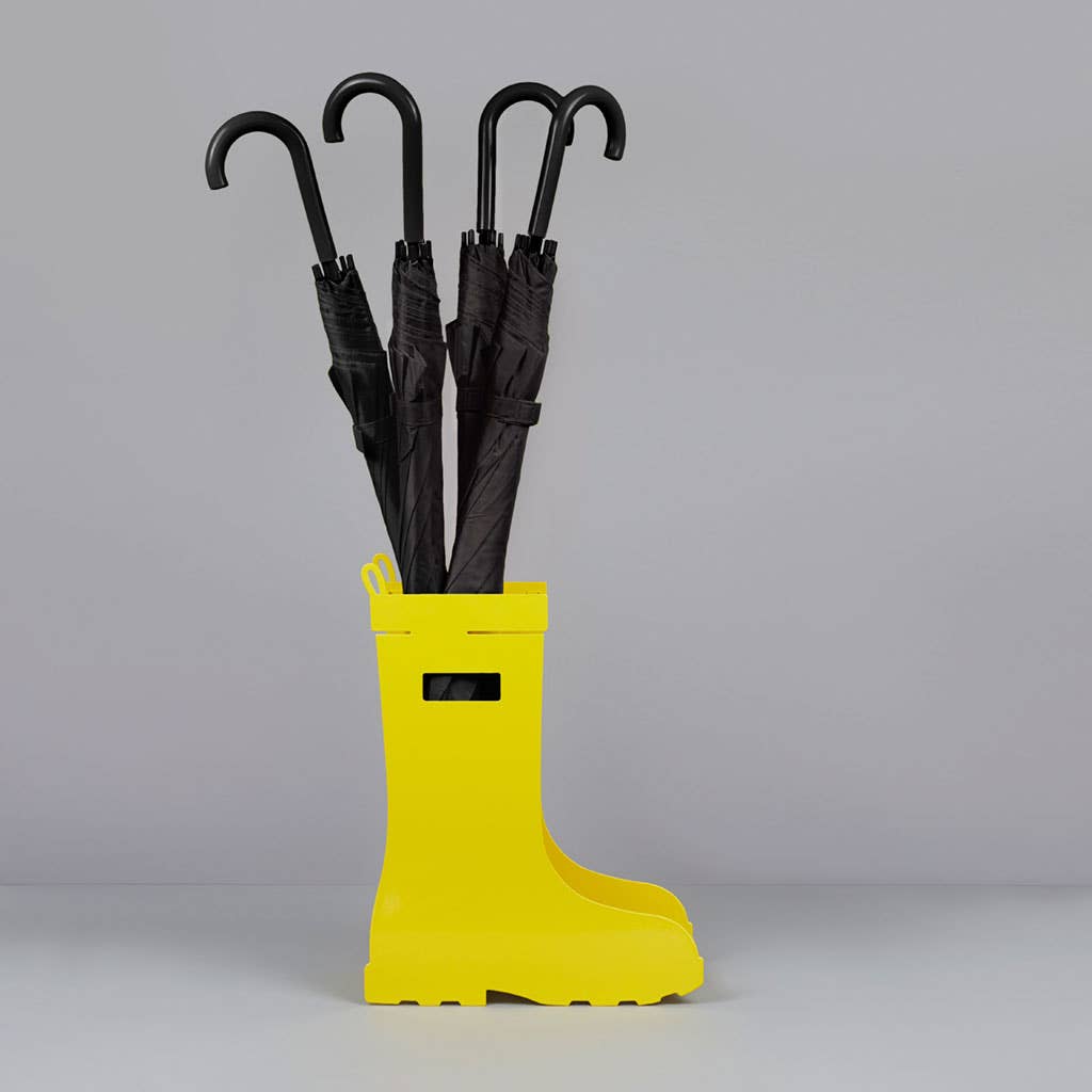 Umbrella stand, rain boots, yellow, metal