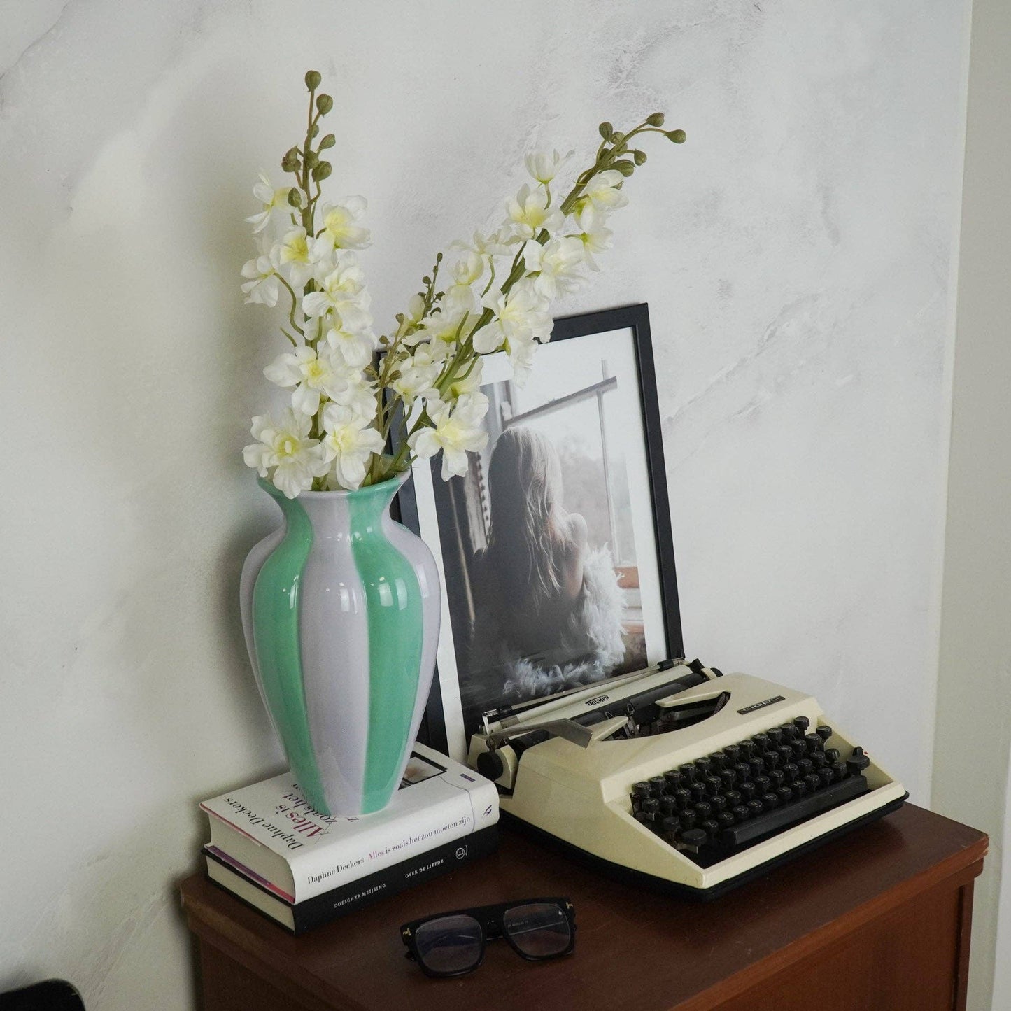 Flower vase - Pleated vase - Ceramic - Lilac/Green - 16.5x16.5x29.5 cm