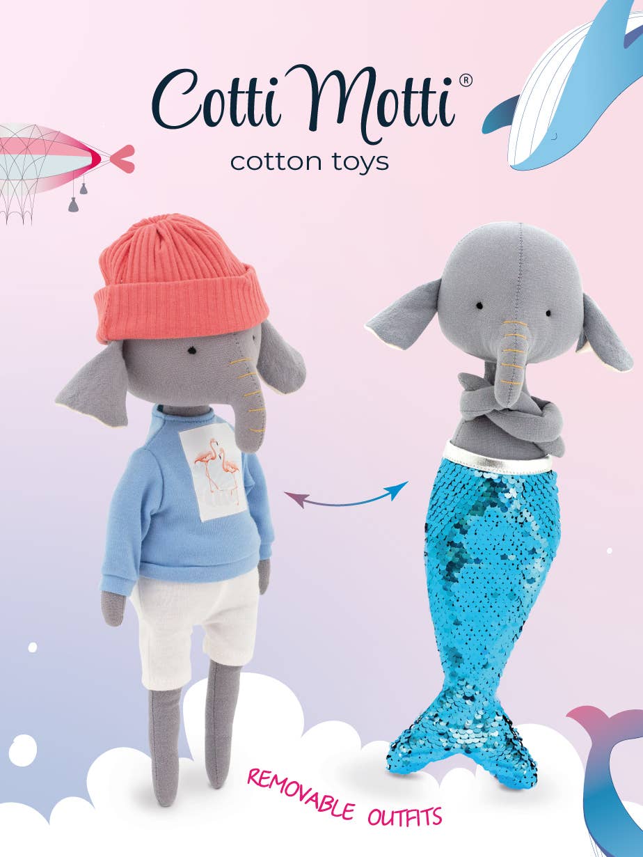 Peluche Alice l’éléphant avec tenue t-shirt bleu et queue de sirène - 29 cm