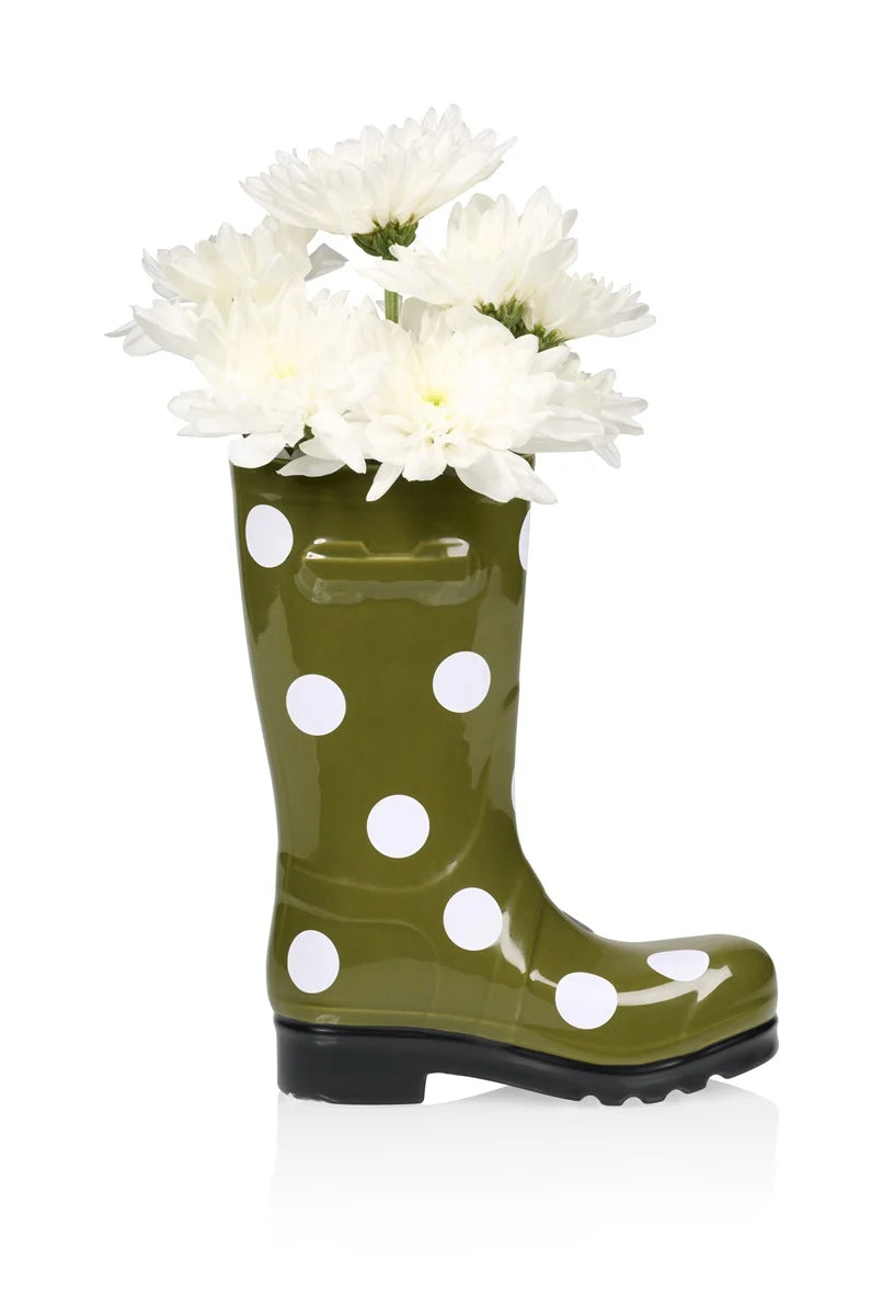 Green Polka Dot Wellington Boots Vase