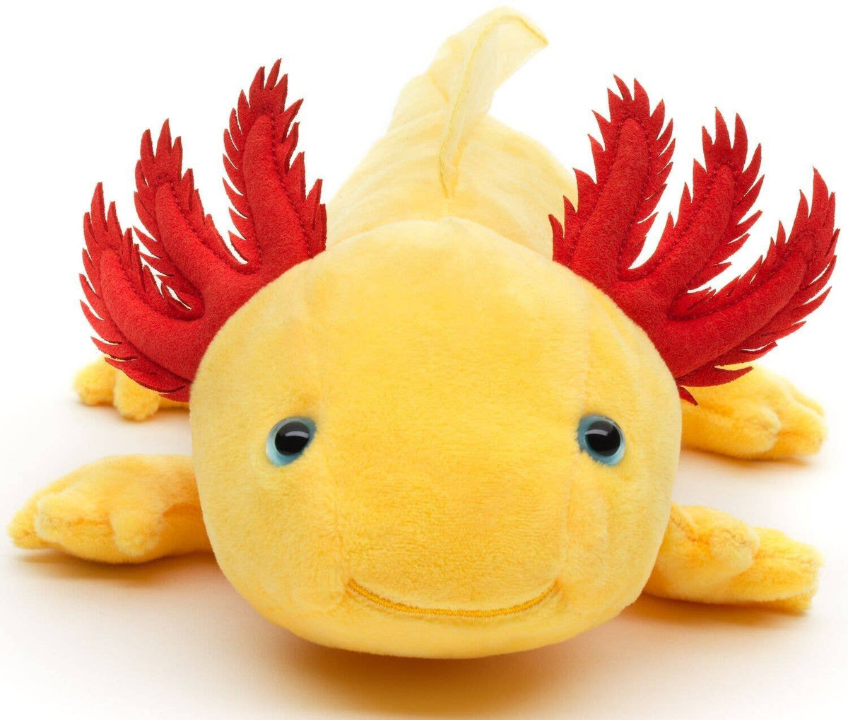 Peluche axolotl jaune aux yeux bleus de