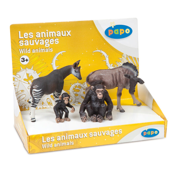 Coffret animaux sauvage (okapi, gnou, chimpanzé et son bébé) Papo - animal sauvage