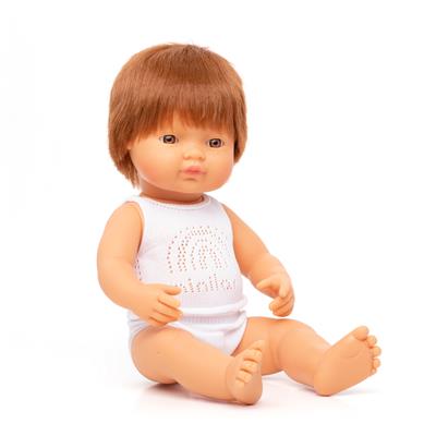 ML Poupées: POUPÉE GARCON EUROPEEN aux CHEVEUX ROUSSE 38cm, parfumée vanille, imperméable, poupée sexuée, en résine, en boîte cadeau. Made in Spain, 10m+