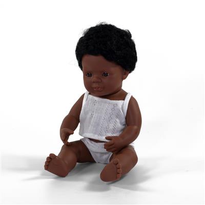 ML Poupées: POUPÉE GARCON AFRO-AMERICAIN 38cm, parfumée vanille, imperméable, poupée sexuée, en résine, en boîte cadeau. Made in ES, 10m+