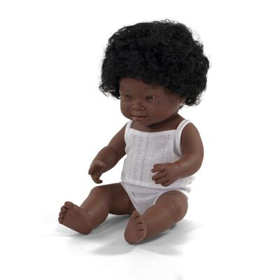ML Poupées: POUPÉE FILLE AFRICAINE avec SYNDROME de DOWN 38cm, parfumée vanille, imperméable, poupée sexuée, en résine, en boîte cadeau. Made in Spain, 10m+