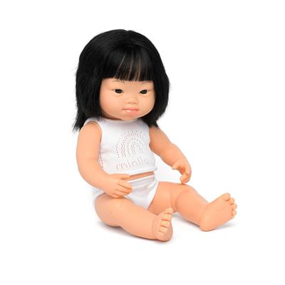 ML Poupées: POUPÉE FILLE ASIATIQUE avec SYNDROME de DOWN 38cm, parfumée vanille, imperméable, poupée sexuée, en résine, en boîte cadeau. Made in Spain, 10m+