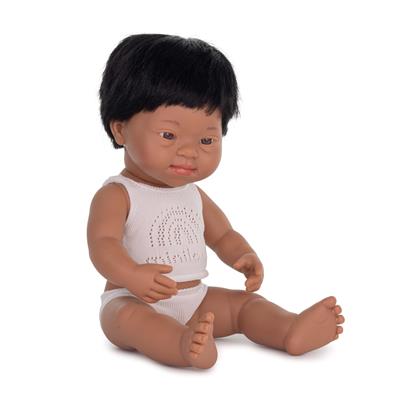ML Poupées: POUPÉE GARCON LATINO-AMERICAIN avec SYNDROME de DOWN 38cm, parfumée vanille, imperméable, poupée sexuée, en résine, en boîte cadeau. Made in Spain, 10m+