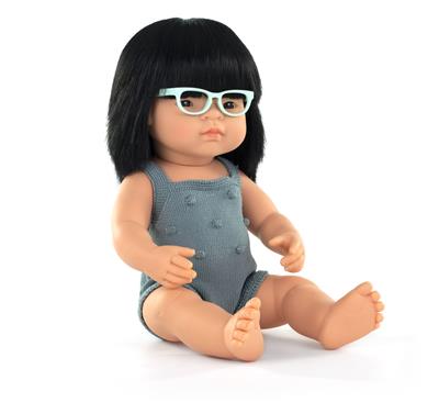 ML Poupées: POUPÉE FILLE ASIATIQUE avec LUNETTES 38cm, avec barboteuse grise, parfumée vanille, imperméable, poupée sexuée, en résine, en boîte cadeau. Made in Spain, 3+