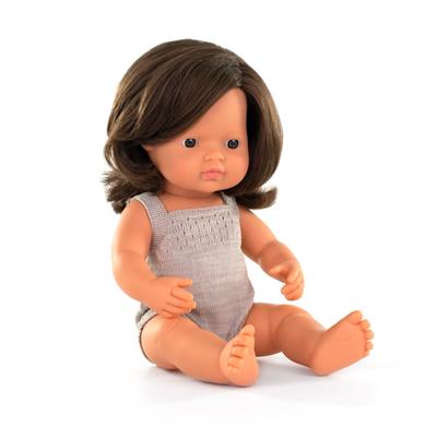 ML Poupées: POUPÉE FILLE EUROPÉENNE BRUNETTE 38cm, avec barboteuse gris, parfumée vanille, imperméable, poupée sexuée, en résine, en boîte cadeau 11x41x22cm. Made in Spain, 3+