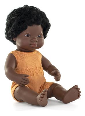 ML Poupées: POUPÉE FILLE AFRICAINE 38cm, avec barboteuse orange, parfumée vanille, imperméable, poupée sexuée, en résine, en boîte cadeau. Made in Spain, 3+