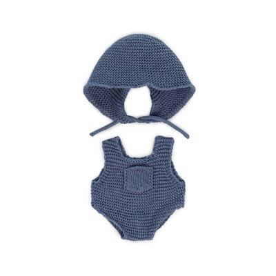 ML Poupées: BARBOTEUSE TRICOTÉ bleu pour garçcon 21cm, éco et recyclé, 2 pièces, avec bonnet, sur un cintre, 3+