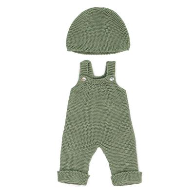 ML Poupées: SALOPETTE TRICOTÉ vert pour garçcon 38cm, éco et recyclé, 2 pièces, avec bonnet beanie, sur un cintre, 3+