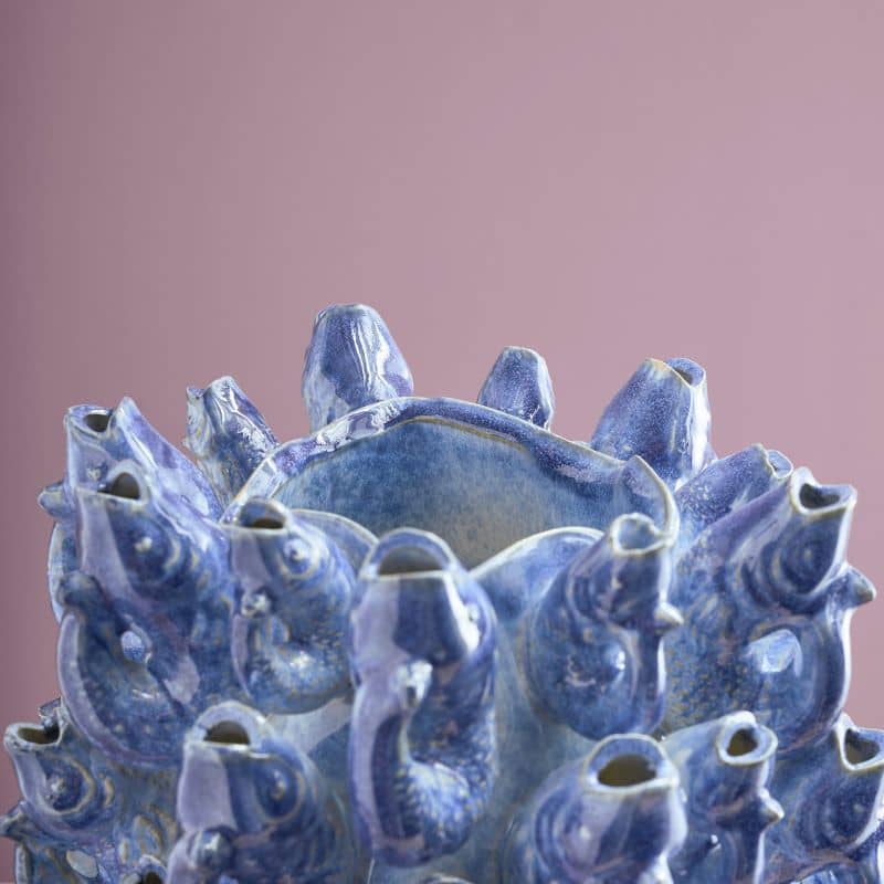 Fish school vase, blue stoneware, 24 x 24 x 32 cm