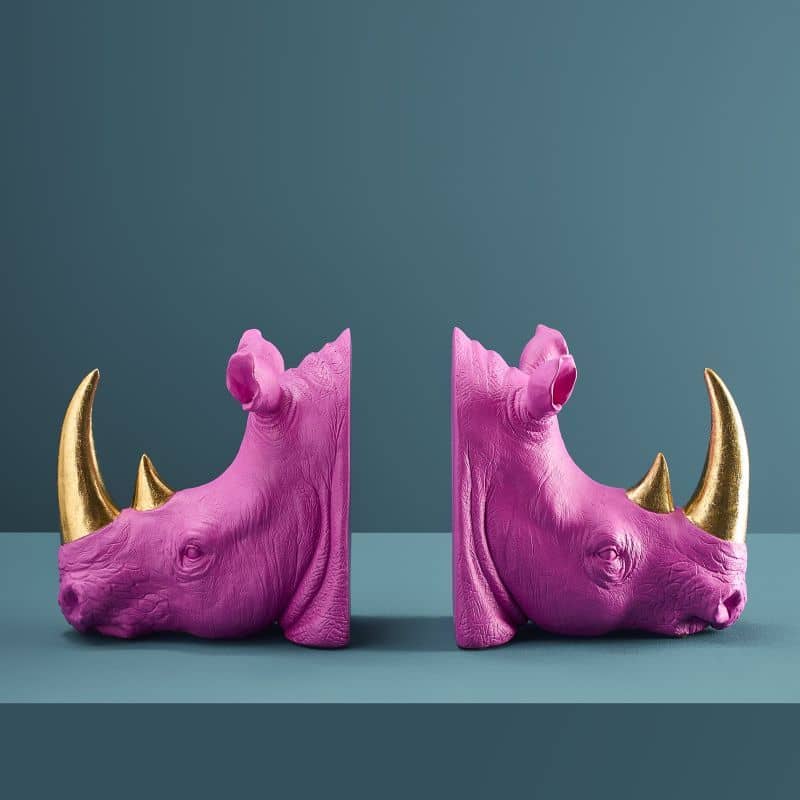 S/2 Rhinoceros Bookends, Magenta, 39.5 x 14.2 x 20.5 cm