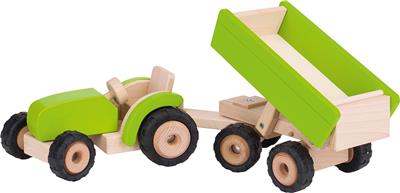 Véhicule en bois: TRACTEUR avec REMORQUE 52x14,5x14cm, vert, avec des pneus en caoutchouc, Made in Europe, 3+