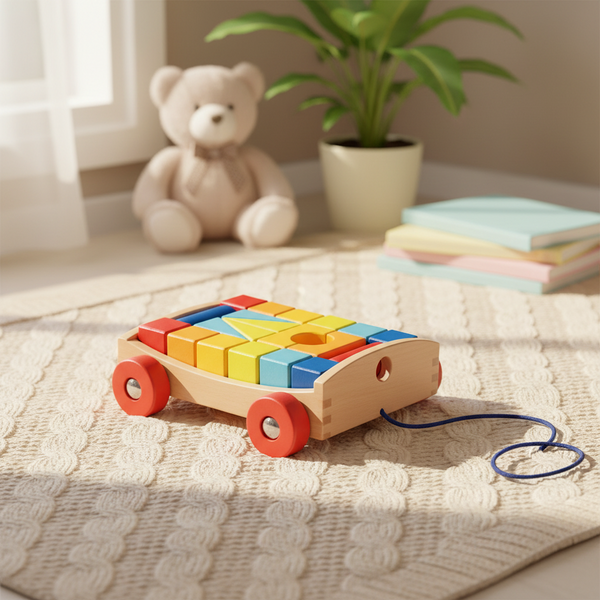 Wooden pull cart with building blocks