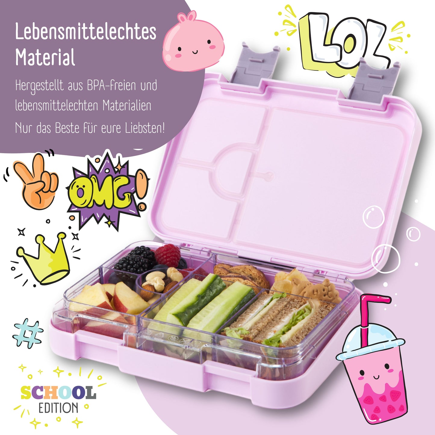 Kids lunch box with compartments, Lunchbox - Purple sticker