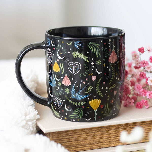 Midnight Bloom Black Folk Floral Mug