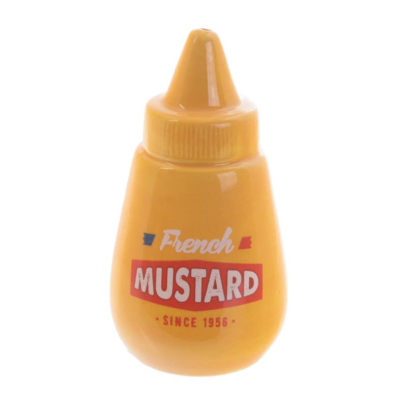 Ceramic hot dog and mustard salt and pepper shakers