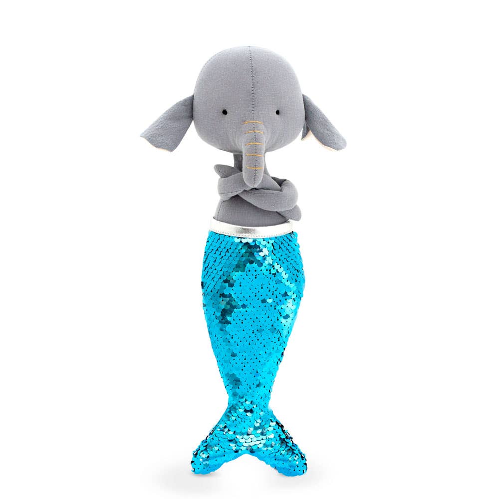 Peluche Alice l’éléphant avec tenue t-shirt bleu et queue de sirène - 29 cm