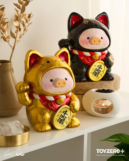 LuLu the Piglet - Maneki Lu (black cat) — 18cm wooden sculpture