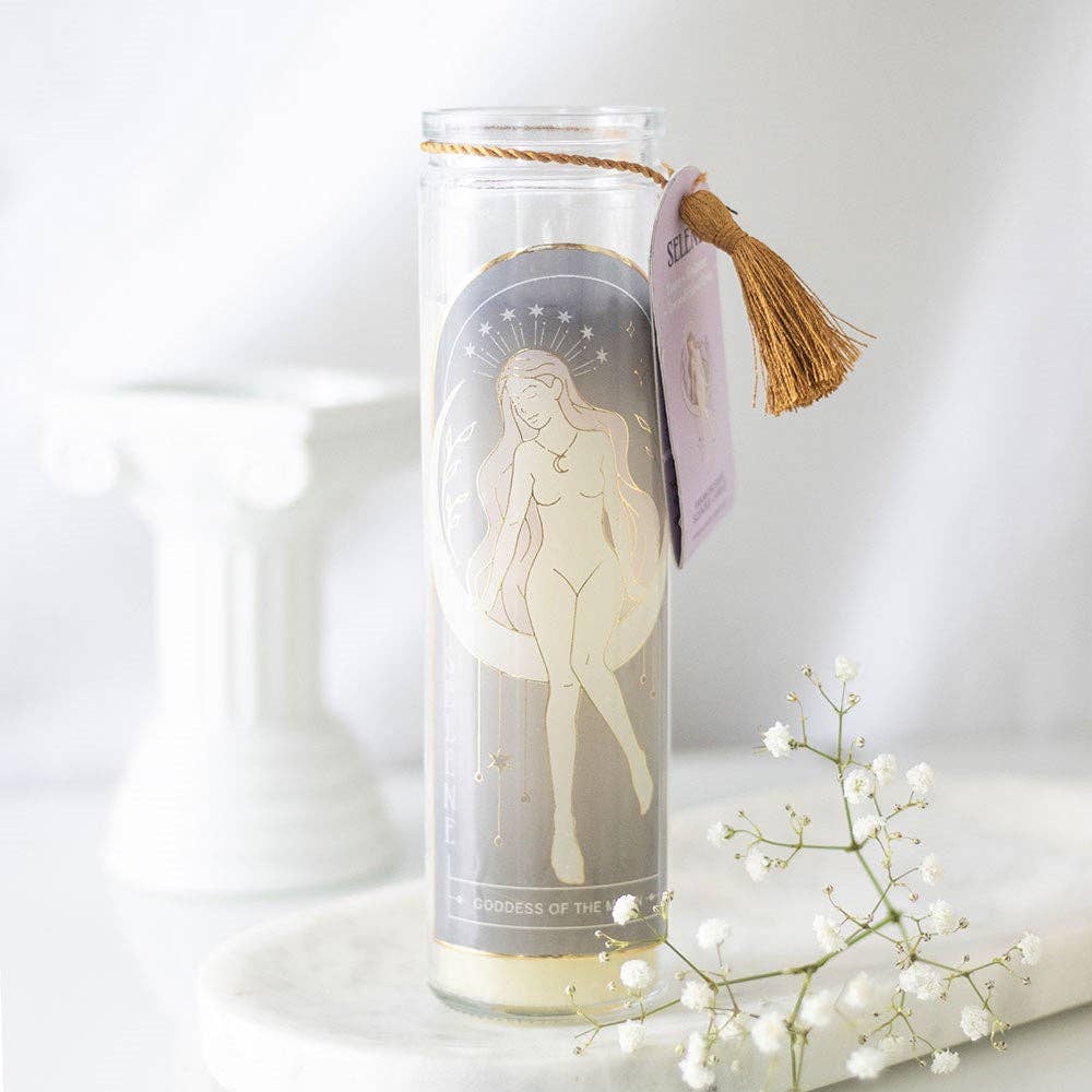 Bougie tube déesse Selene avec cristaux d’améthyste