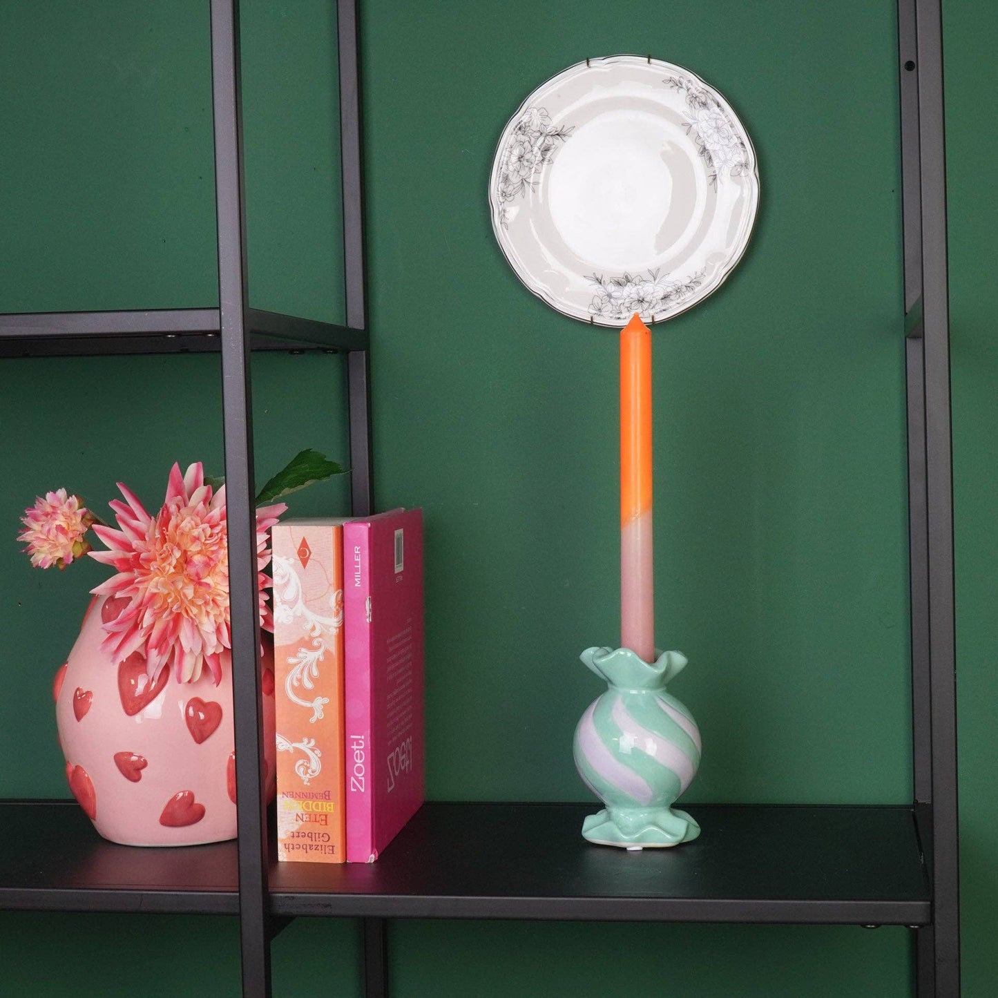 Round Toffee Candy Candle Holder - Ceramic - Mint/Lilac - 8.5x8.5x13 cm
