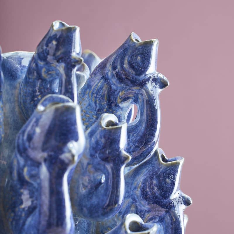 Fish school vase, blue stoneware, 24 x 24 x 32 cm