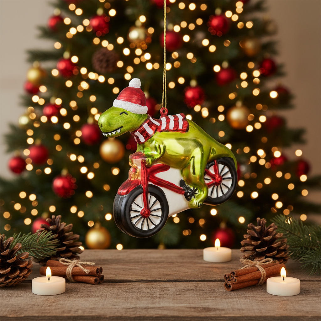 Boule de Noël dinosaure sur un vélo