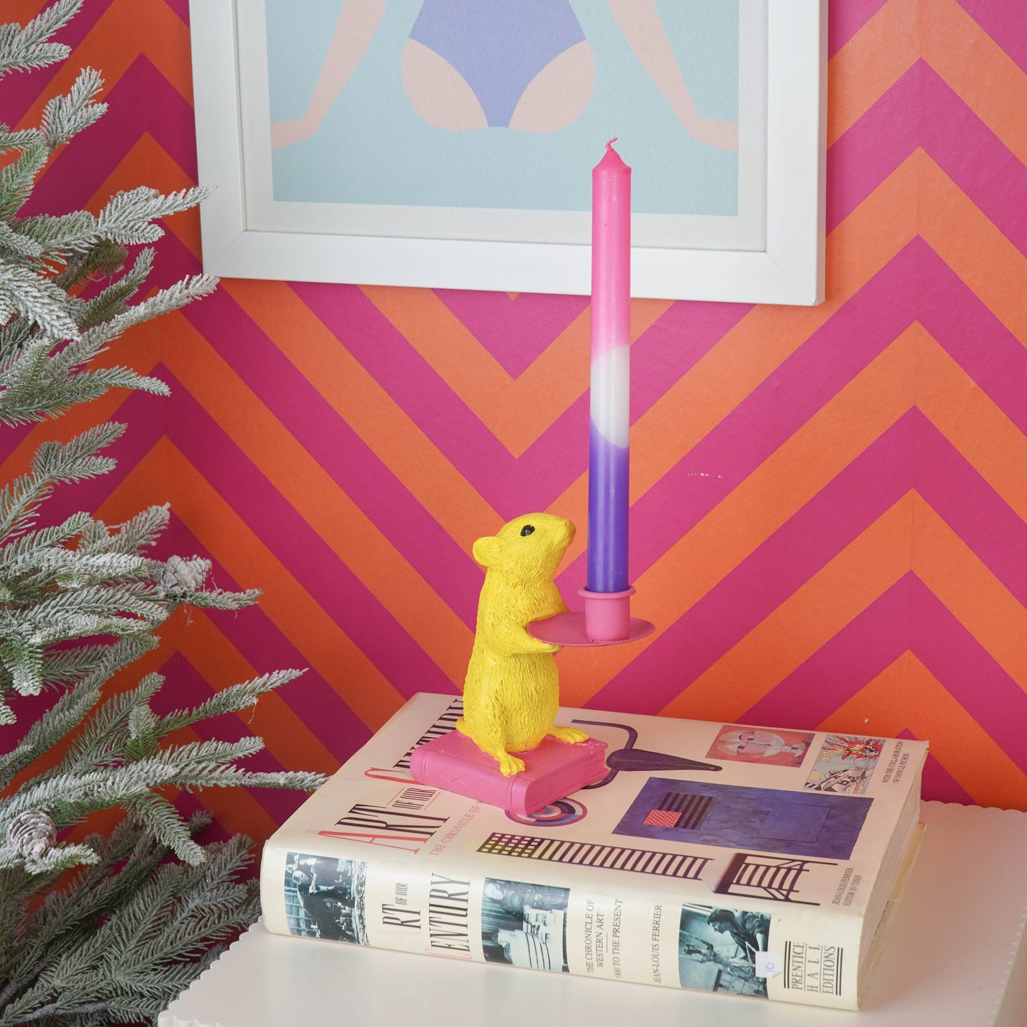 Candle holder - Mouse - Polyresin - Yellow/Pink - 8x10x17cm
