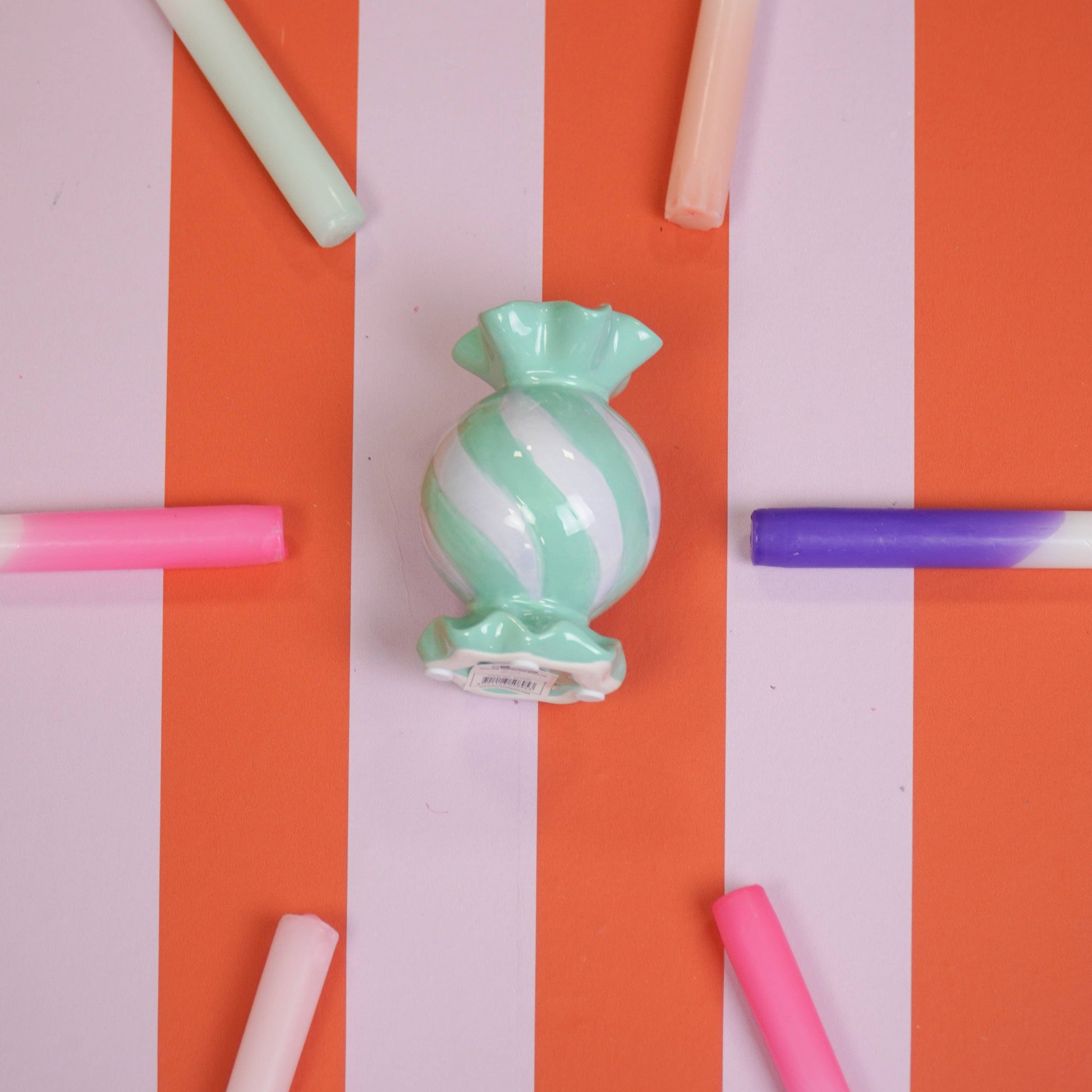 Round Toffee Candy Candle Holder - Ceramic - Mint/Lilac - 8.5x8.5x13 cm