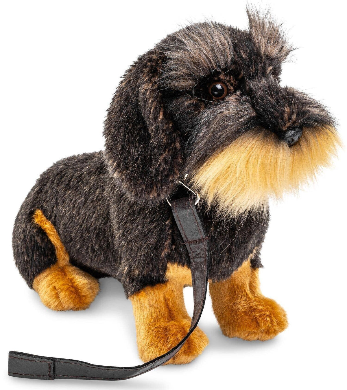 Sitting wire-haired dachshund plush toy with leash
