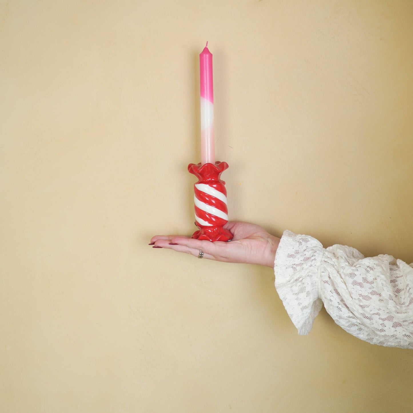 Bougeoir - Bonbon Toffee - Céramique - Rouge/Blanc - 7,5x7,5x13 cm