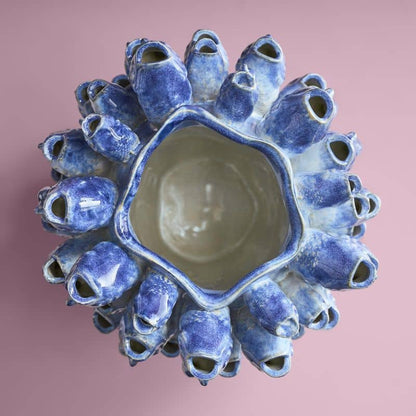 Fish school vase, blue stoneware, 24 x 24 x 32 cm