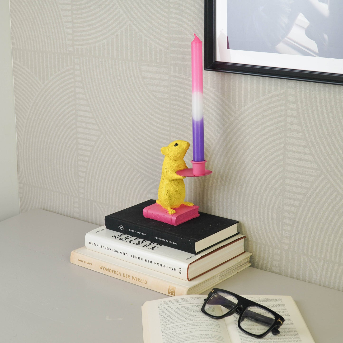 Candle holder - Mouse - Polyresin - Yellow/Pink - 8x10x17cm