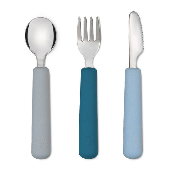 Set de couverts fourchette/cuillère/couteau - gris et bleu