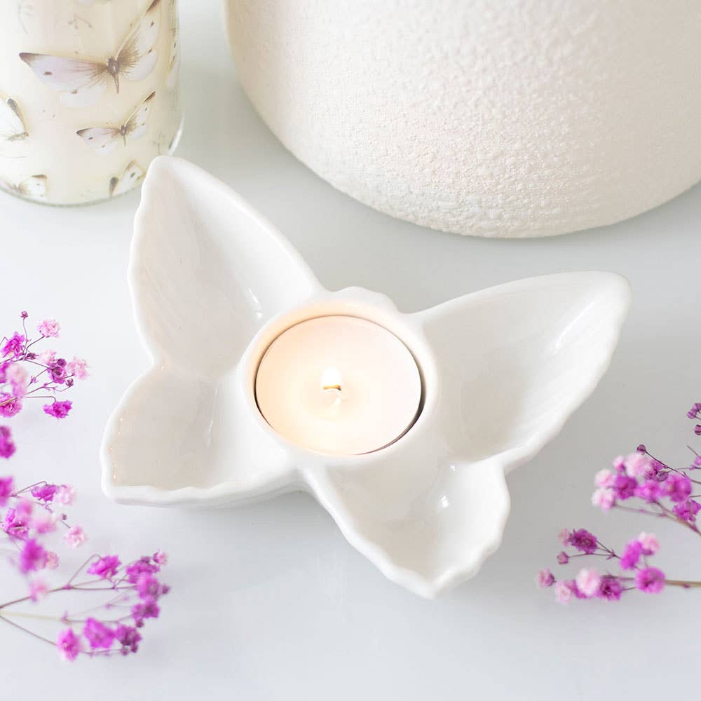 White butterfly tealight candle holder