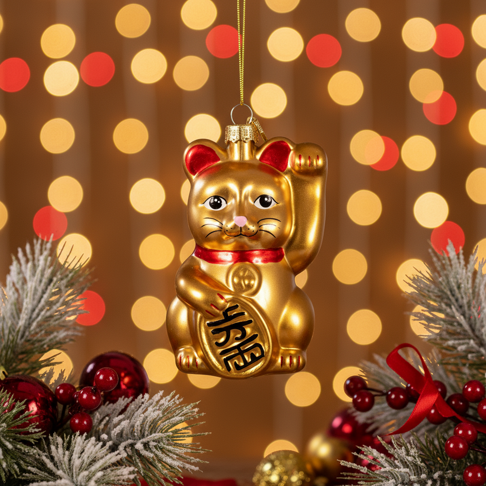 Golden Lucky Cat Christmas Ball