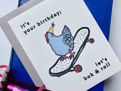 Chicken Skateboard "Bok &amp; Roll" Birthday Card