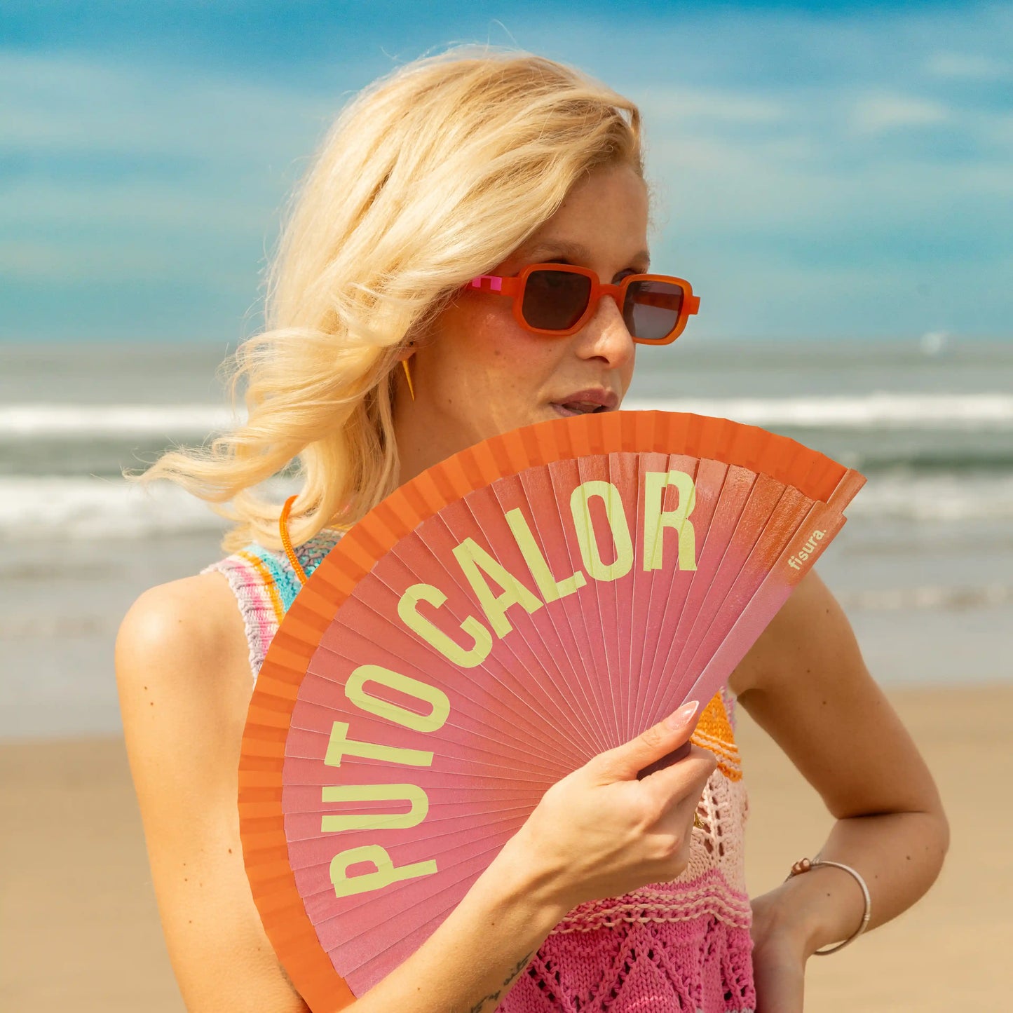Éventail Imprimé « Puto calor » Effet Dégradé Orange – Fisura – vue 2