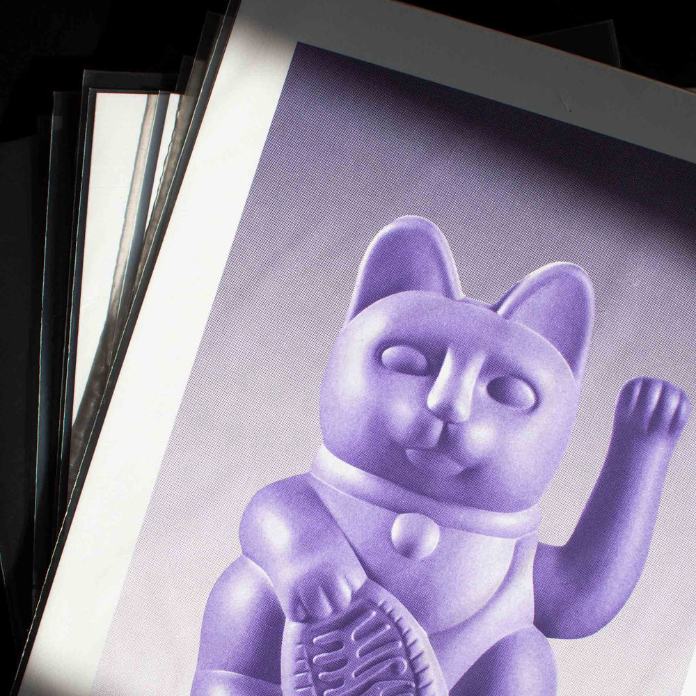 Artprint Risographie A3 Chat Chanceux Lilas